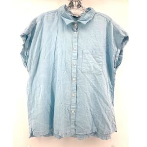 Orvis Classic Collection Linen Blend Short Sleeve Button Down Shirt Blue Large